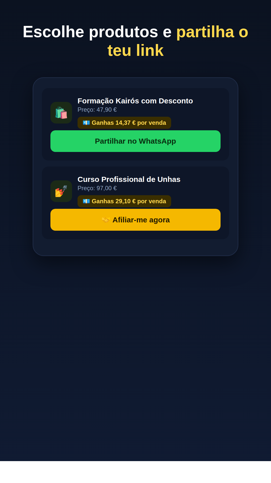 Ecrã da app: painel de vendas e cliques