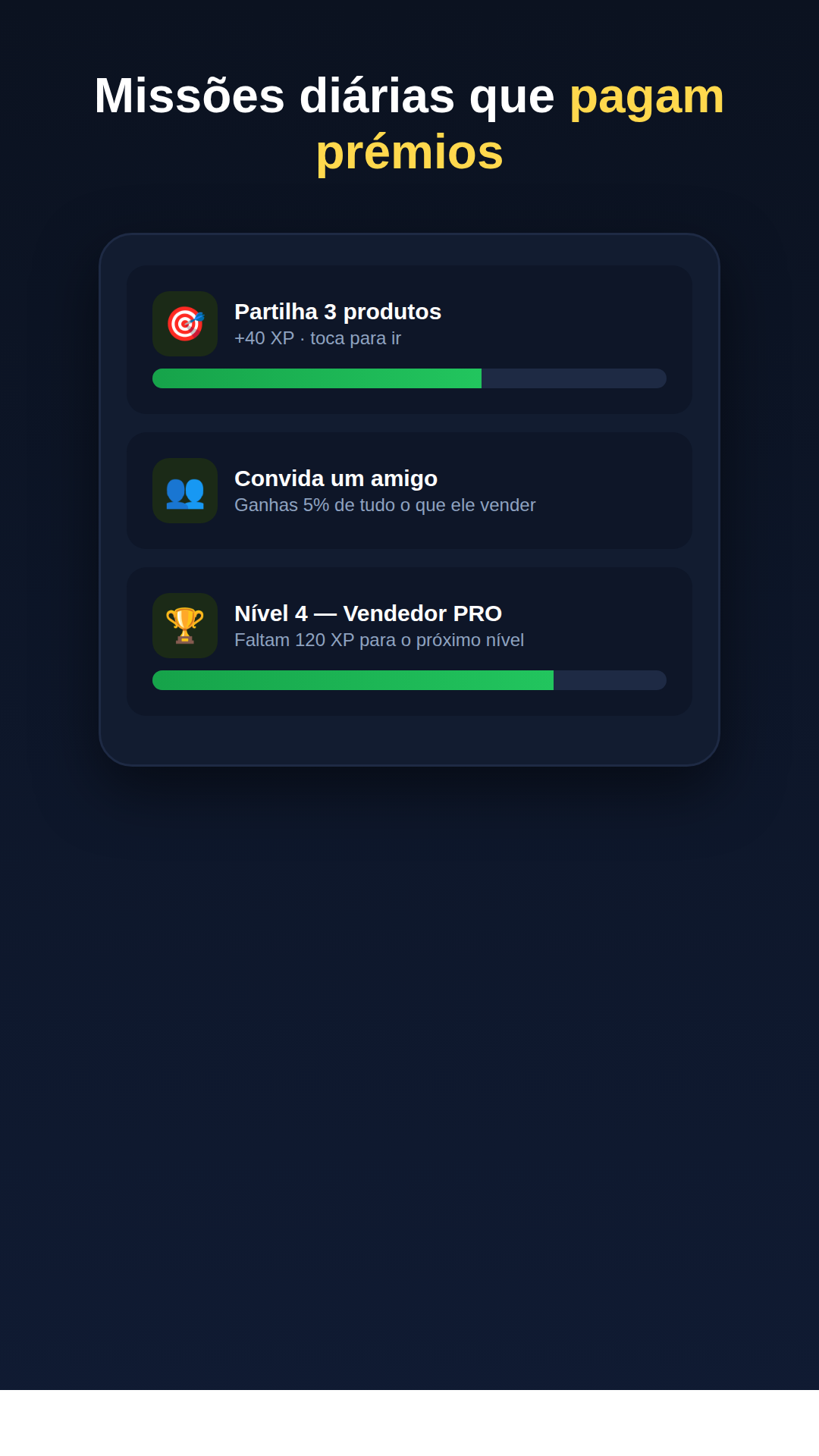 Ecrã da app: missões e níveis