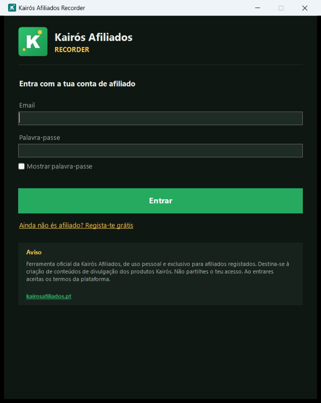 Kairós Afiliados Recorder — aplicação de gravação de ecrã para afiliados